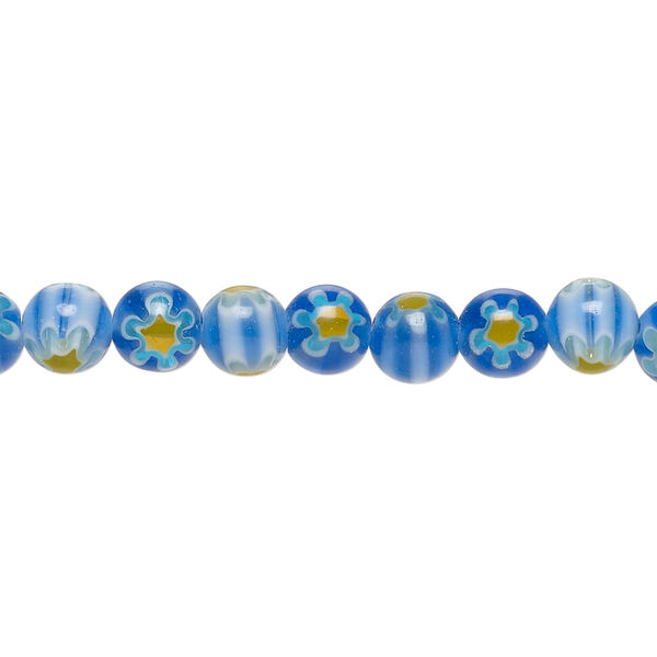 Bead, millefiori glass 1pkg1, translucent blue / white / yellow-orange, 6mm round, 15 inches. image number 0