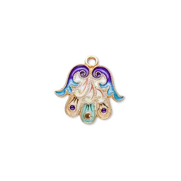 Drop, "vermeil" and cloisonné, multicolored, 17x17mm Fatima hand. Sold individually. image number 0