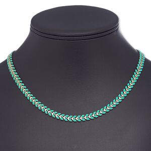 Necklace, epoxy and gold-plated brass, turquoise green, 6.5mm wide with wreath design, 18 inches with 2-inch extender chain and lobster claw clasp. Sold individually.