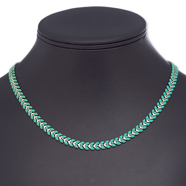 Necklace, epoxy and gold-plated brass, turquoise green, 6.5mm wide with wreath design, 18 inches with 2-inch extender chain and lobster claw clasp. Sold individually. image number 0