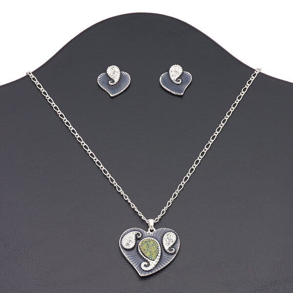 Necklace and earring set, druzy (imitation) / enamel / Czech glass rhinestone / silver-plated brass / "pewter" (zinc-based alloy), dark blue / clear / rainbow, 34x30mm heart, 16 inches with 3-inch extender chain and lobster claw clasp, 20x19mm heart with post. Sold per set. image number 0