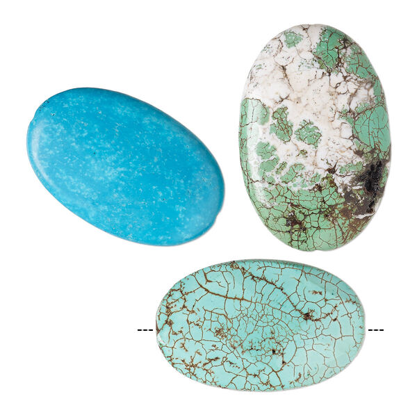 Bead mix, magnesite (dyed / stabilized), blue / light green / blue-green, 54x34mm-60x40mm puffed oval and faceted puffed oval with 2mm hole, C grade, Mohs hardness 3-1/2 to 4. Sold per pkg of 3. image number 0