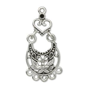 Focal, antique silver-plated pewter (tin-based alloy), 31x17mm floral teardrop with heart and 6 loops, fits (1) PP11. Sold per pkg of 2.