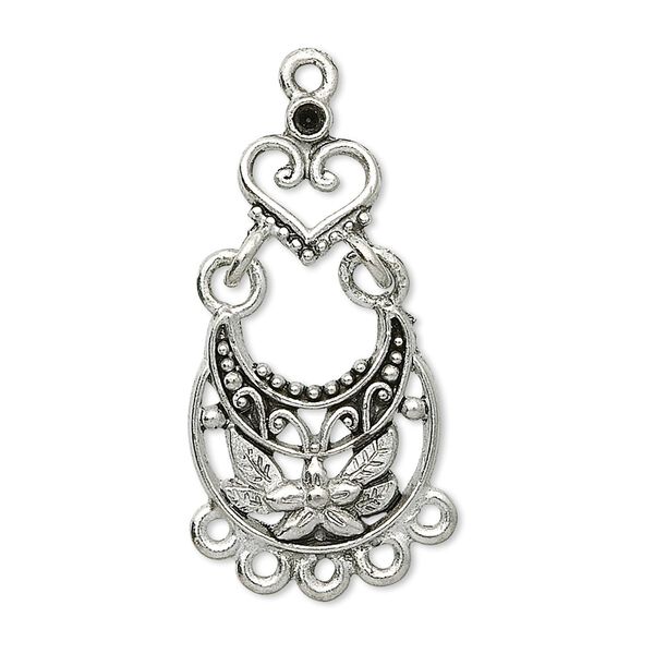 Focal, antique silver-plated pewter (tin-based alloy), 31x17mm floral teardrop with heart and 6 loops, fits (1) PP11. Sold per pkg of 2. image number 0