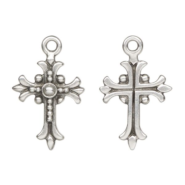 Drop, TierraCast®, antique silver-plated pewter (tin-based alloy), 22x17.5mm single-sided cross with fleur-de-lis design. Sold per pkg of 2. image number 0