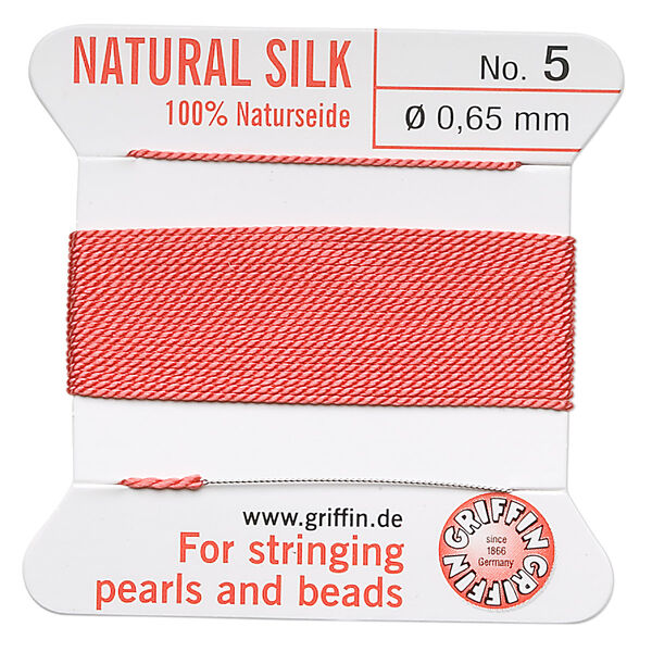 Thread, Griffin, silk, coral, size #5. Sold per 2-meter card (approximately 78 inches). image number 0