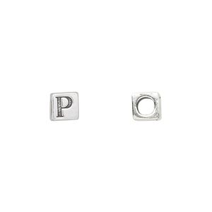 Bead, sterling silver, 5.5mm cube with alphabet letter "P." Sold individually.