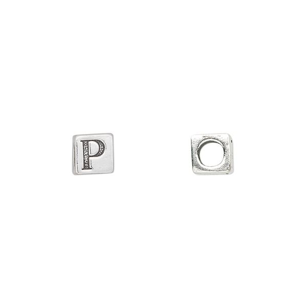 Bead, sterling silver, 5.5mm cube with alphabet letter "P." Sold individually. image number 0