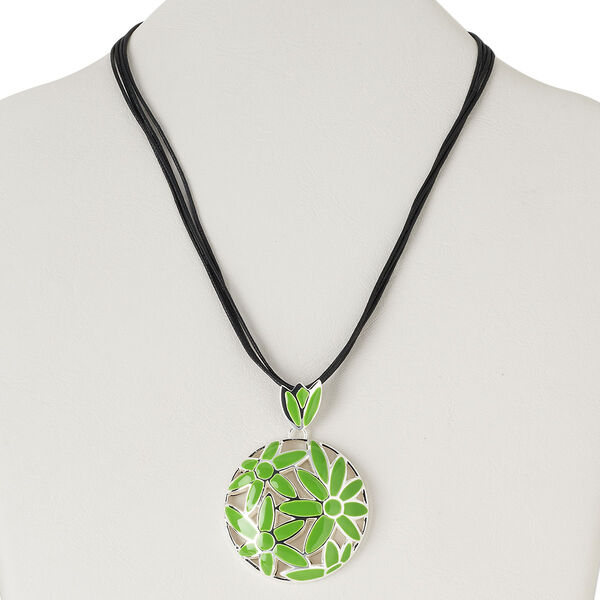 Necklace, 4-strand, silver-plated steel and "pewter" (zinc-based alloy) / epoxy / waxed cotton cord, black and light green, 45mm open circle with flower design, 16 inches with 3-inch extender chain and lobster claw clasp. Sold individually. image number 0