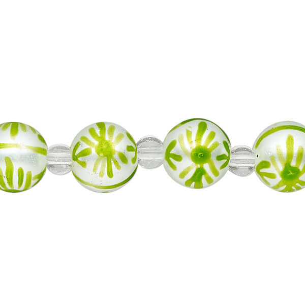 Bead, glass 1pkg8, opaque white and green, 10mm hand-painted round. image number 0