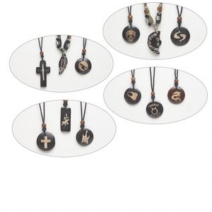 Necklace mix, bone / wood / cotton (dyed), black / brown / green, 3-inch dangle with 30-40mm mixed shape pendant and accent beads, adjustable 34-inch waxed cotton cord. Sold per pkg of 3.