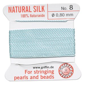 Thread, Griffin, silk, turquoise blue, size #8. Sold per 2-meter card (approximately 78 inches).