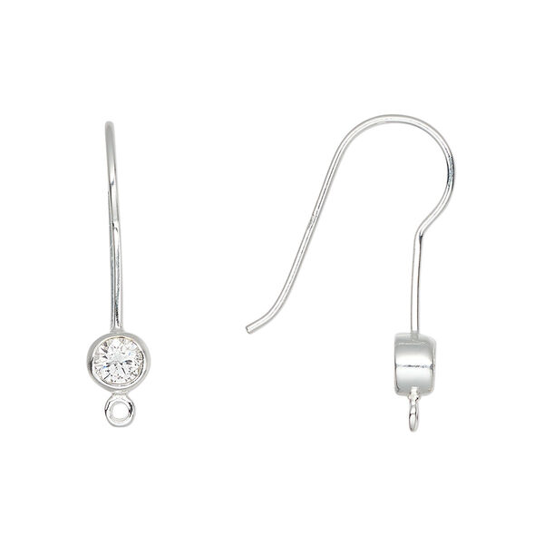 Ear wire, sterling silver and cubic zirconia, clear, 25mm fishhook with closed loop, 20 gauge. Sold per pair. image number 0