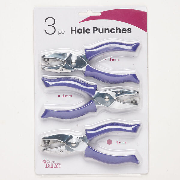 Hole punch 1pkg3, steel and rubber, purple, 5-1/2 inches with 2mm / 3mm / 8mm holes. image number 0