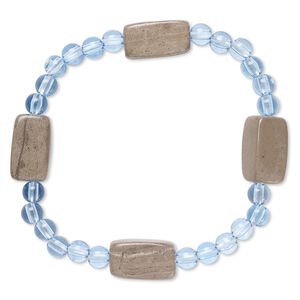 Bracelet, stretch, grey and cream marble (natural) and acrylic, blue, 5mm round and 17x9mm-18x10mm square tube, 6-1/2 inches. Sold individually.