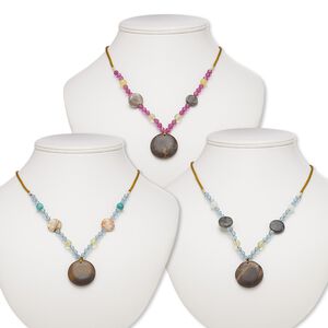 Multi-gemstone / acrylic / glass 1pkg3, round pendant necklace mix continuous loop 20 inch 29-30mm