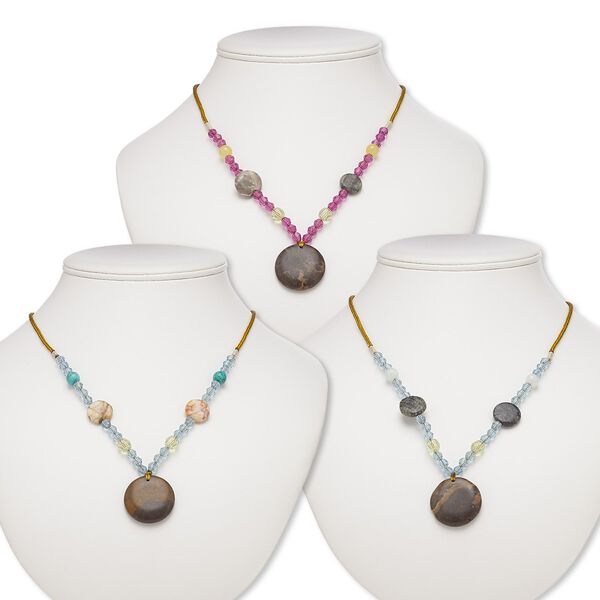 Multi-gemstone / acrylic / glass 1pkg3, round pendant necklace mix continuous loop 20 inch 29-30mm image number 0