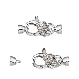 Clasp lobster claw 1pkg1 rhodium-plated, 25x11mm / end caps / fits 3.5mm cord, brass / clear cubic zirconia 1-strand