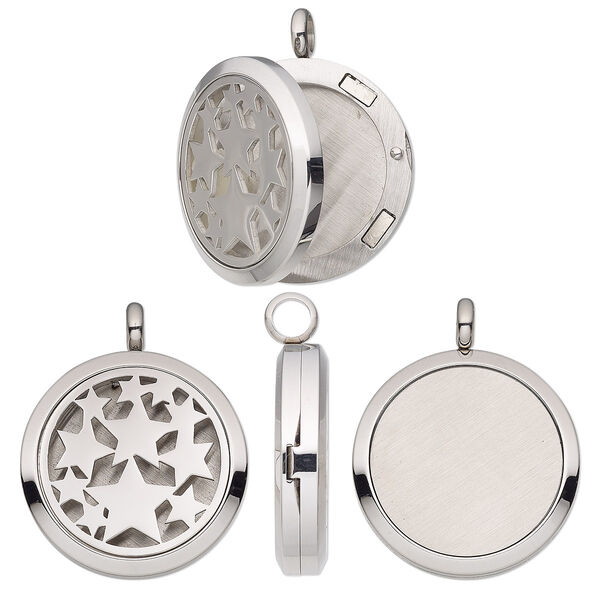 Pendant, stainless steel, 37x30mm single-sided hinged round locket with cutout stars and magnetic closure. Sold individually. image number 0