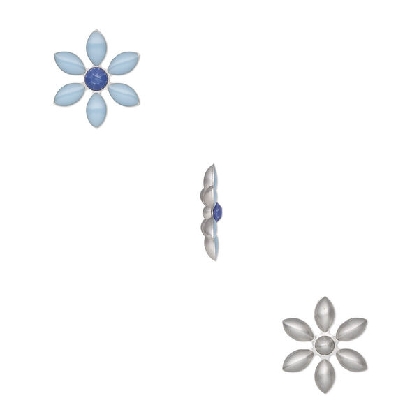 Component, epoxy / plastic / silver-finished copper, blue and light blue, 17x15mm single-sided flower. Sold per pkg of 2. image number 0