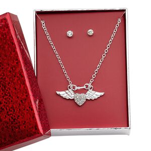 Necklace and earring set, glass rhinestone / silver-finished brass / steel / "pewter" (zinc-based alloy), clear, 34x12.5mm heart with wings, 15" to 16" necklace with 3-inch extender chain and lobster claw clasp, 4mm round with post. Sold per set.