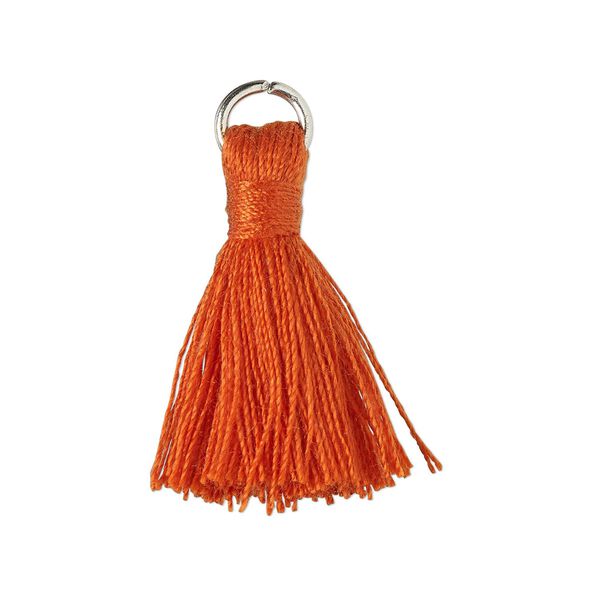 Tassel, cotton and imitation rhodium-finished steel, orange, 20-24mm mini tassel with 6mm open jump ring. Sold per pkg of 6. image number 0