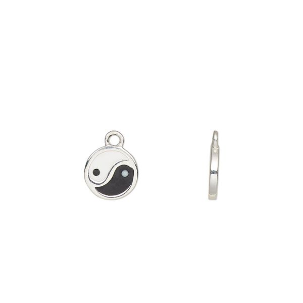 Charm, sterling silver and enamel, white and black, 8mm single-sided round with yin-yang. Sold individually. image number 0