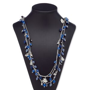 Necklace, 3-strand, glass / acrylic / silver-coated acrylic / silver-plated steel, multicolored, 30 inches with 3-inch extender chain and lobster claw clasp. Sold individually.