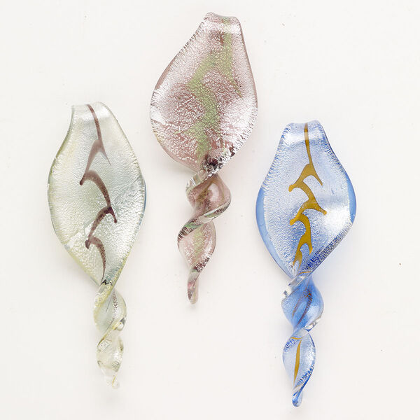 Random focal mix, lampworked glass, opaque mixed colors with silver-colored foil and copper-colored glitter, 2-1/2 x 1/2 to 3 x 1-1/2 inch twist. Sold per pkg of 3. image number 0