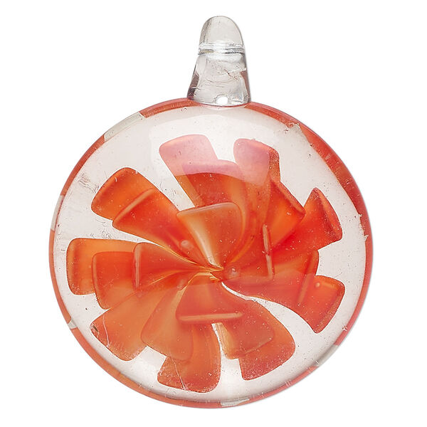 Focal, lampworked glass, translucent and transparent clear and red-orange, 35-37mm puffed flat round with flower. Sold individually. image number 0