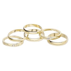 Ring mix, glass rhinestone and gold-finished brass, clear, 3-4mm wide, size 5 to 12-1/2. Sold per pkg of 6.
