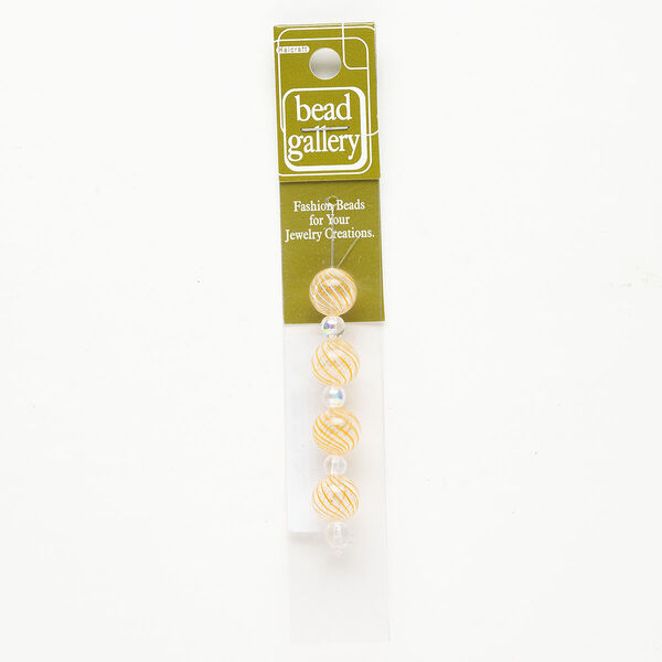 Bead 1pkg4 handblown glass, 11-13mm round / line design, translucent clear / orange image number 0