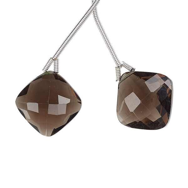Bead, smoky quartz (heated / irradiated), 17x17mm hand-cut top-drilled faceted puffed diamond, B grade, Mohs hardness 7. Sold per pkg of 2 beads. image number 0