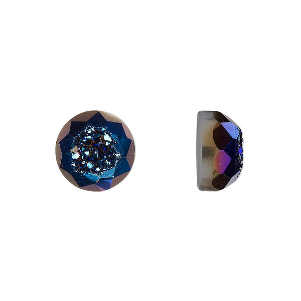 Cabochon, druzy agate (coated), blue, 10mm hand-cut loosely calibrated faceted round, B grade, Mohs hardness 7. Sold individually. image number 0