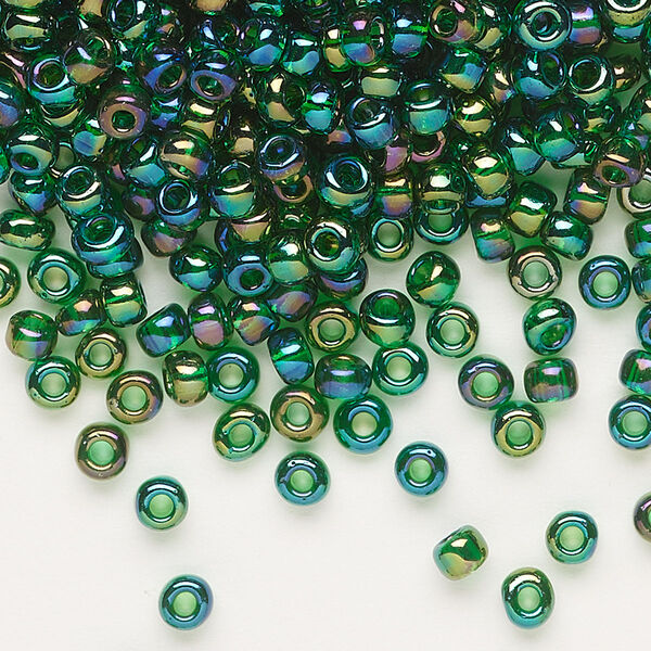 Seed bead, Dyna-Mites™, glass, transparent rainbow emerald green, #6 round. Sold per 40-gram pkg. image number 0