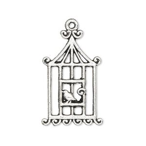 Charm, antiqued silver-finished "pewter" (zinc-based alloy), 29x19mm single-sided birdcage with bird. Sold per pkg of 4.