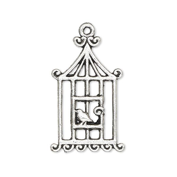 Charm, antiqued silver-finished "pewter" (zinc-based alloy), 29x19mm single-sided birdcage with bird. Sold per pkg of 4. image number 0