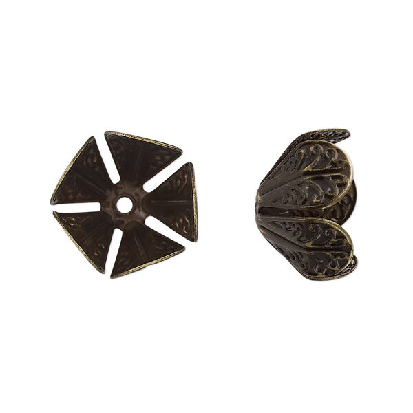 Bead cap, antique brass-finished copper, 16x10.5mm leaves, fits 12-16mm round bead. Sold per pkg of 10. image number 0
