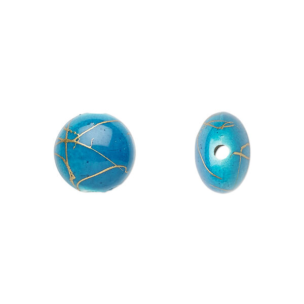 Bead, acrylic, turquoise blue and gold, 12mm puffed flat round with swirls. Sold per pkg of 160. image number 0