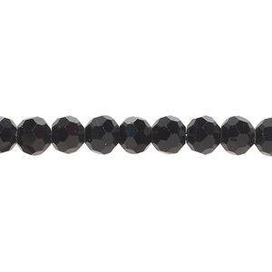 Bead, glass, opaque black, 6mm faceted round. Sold per 8-inch strand, approximately 35 beads.