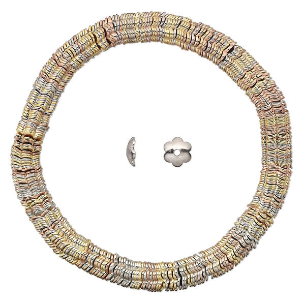 Bead cap, gold- / silver- / copper-plated steel, 6x2mm flower, fits 6-8mm bead. Sold per 6-1/2 inch strand, approximately 300 bead caps. image number 0