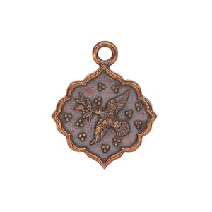 Drop, TierraCast®, antique copper-plated pewter, 24.5mm 2-sided scalloped diamond with dove and "peace." Sold individually.