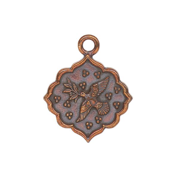 Drop, TierraCast®, antique copper-plated pewter, 24.5mm 2-sided scalloped diamond with dove and "peace." Sold individually. image number 0