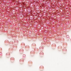 Seed bead, Miyuki, glass, pkg/250g, #8 rocaille, translucent hot pink-lined rainbow crystal clear (RR-355).