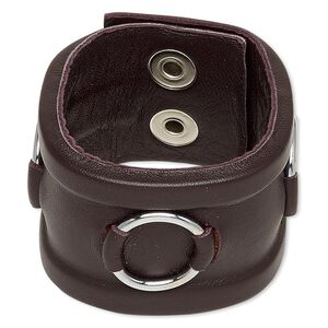 Bracelet, leather (dyed) and silver-plated steel, brown, 40mm wide, 6-1/2 inches with snap closure. Sold individually.
