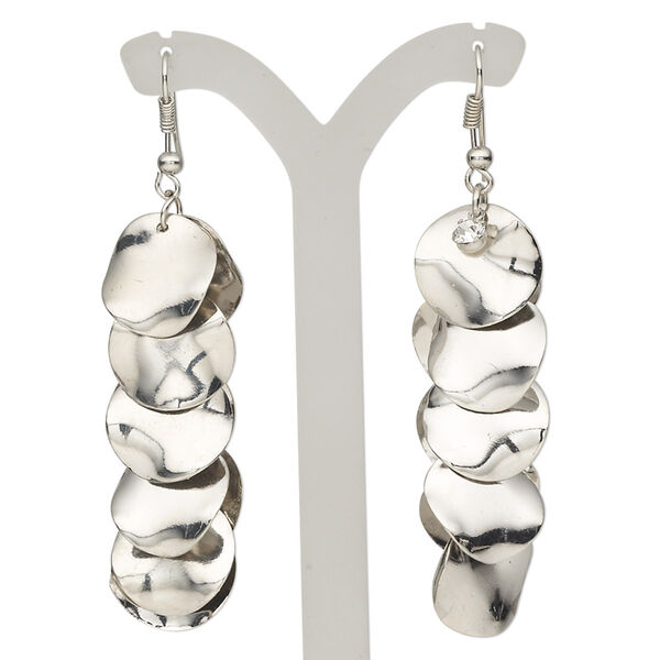 Earring, silver-plated steel and glass rhinestone, clear, 2-3/4 inch wavy flat rounds with fishhook ear wire. Sold per pair. image number 0