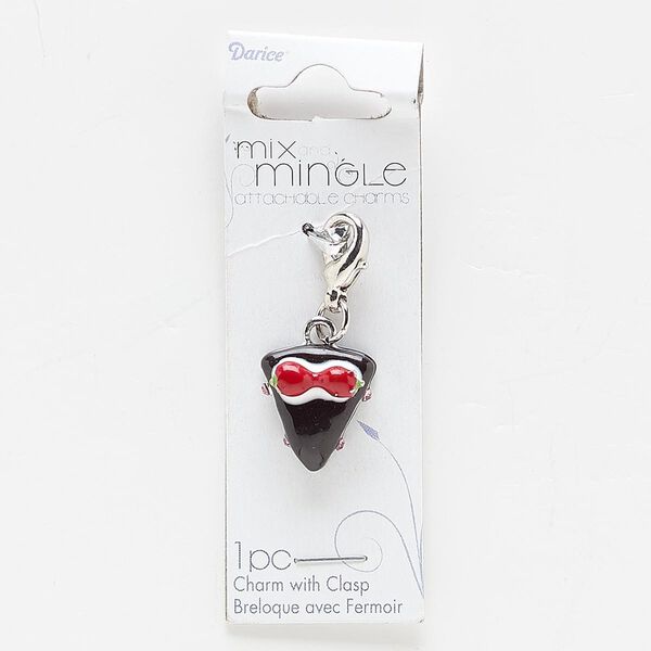 Charm, enamel / glass rhinestone / silver-finished "pewter" (zinc-based alloy), multicolored, 16x15mm cake slice. Sold individually. image number 0