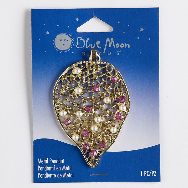 Pendant, acrylic / acrylic pearl / gold-finished "pewter" (zinc-based alloy), white / purple / topaz brown, 58x42mm leaf. Sold individually. image number 0