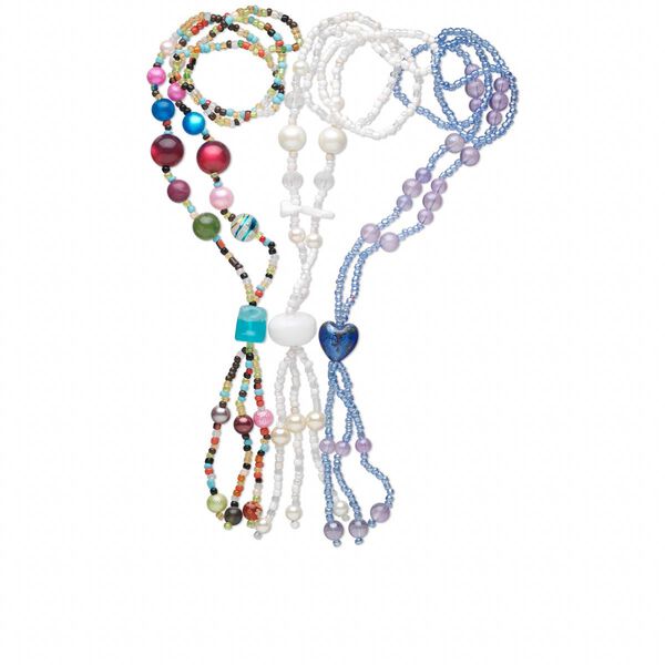 Necklace mix, glass, multiple colors, shapes and sizes, 38-inches. Sold per pkg of 3. image number 0
