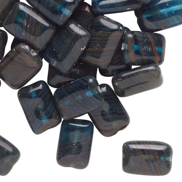 Bead, Czech pressed glass, opaque dark grey and blue, 12x9mm puffed rectangle with swirl pattern. Sold per 1-ounce pkg, approximately 37 beads. image number 0